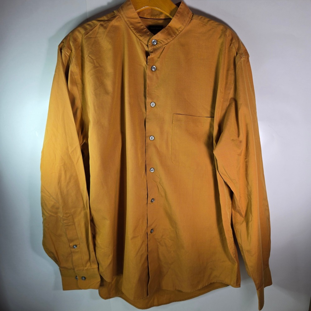 Pronto Uomo Banded Collar Dress Shirt Mens 16.5 34/35 Mustard Gold Non Iron